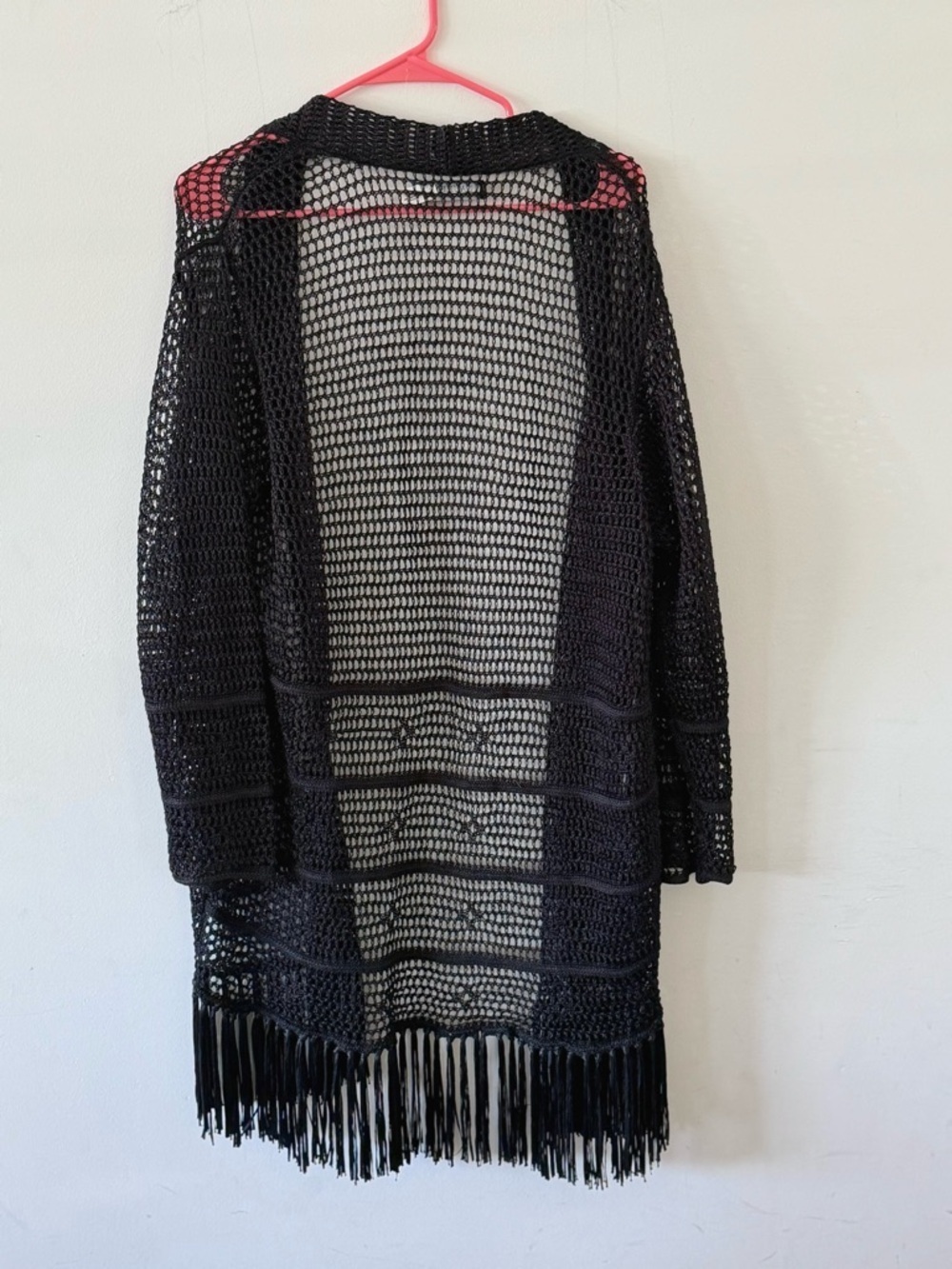 Lauren Ralph Lauren Pointelle-Knit Black Open-Knit Fringe Cardigan, Medium - Picture 4 of 9